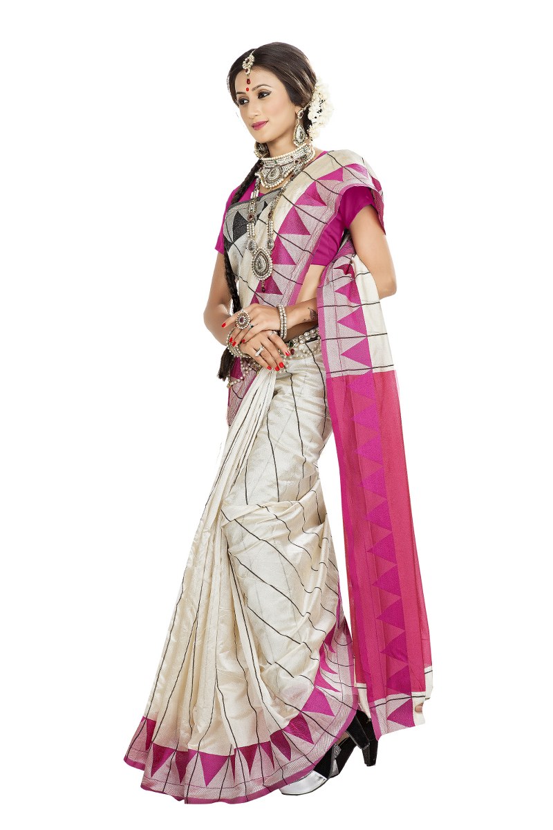 Pink   Off White Colored Banarasi Silk Saree