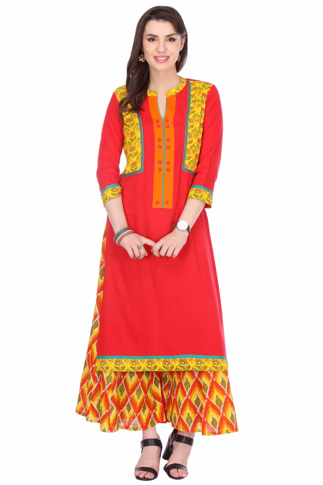 Varalika2 3 Orange Rayon Party Wear Printed Stitched Kurti