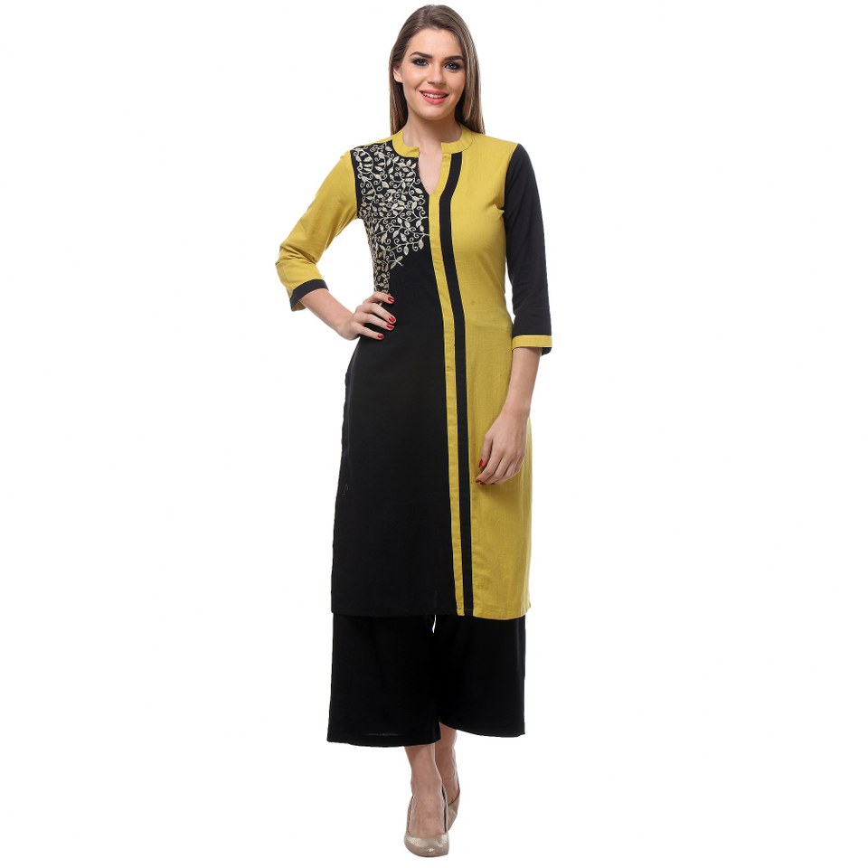 Varalika2 3 Black And Mustard Rayon Party Wear Printed Stitched Kurti