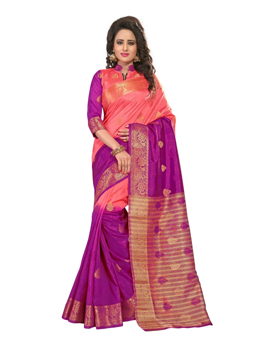 Jaanvi Peach And Pink Colored Banarasi Silk And Jacquard Saree