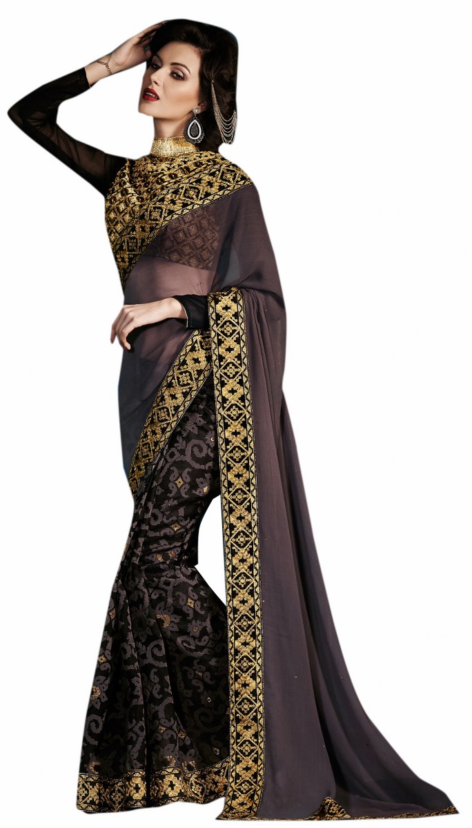 Jenisha  Black   Grey Color Georgette   Brasso Saree 