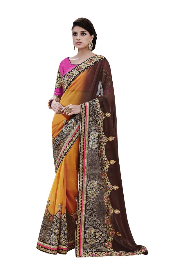 Maher Orange And Brown Colored Chiffon Saree