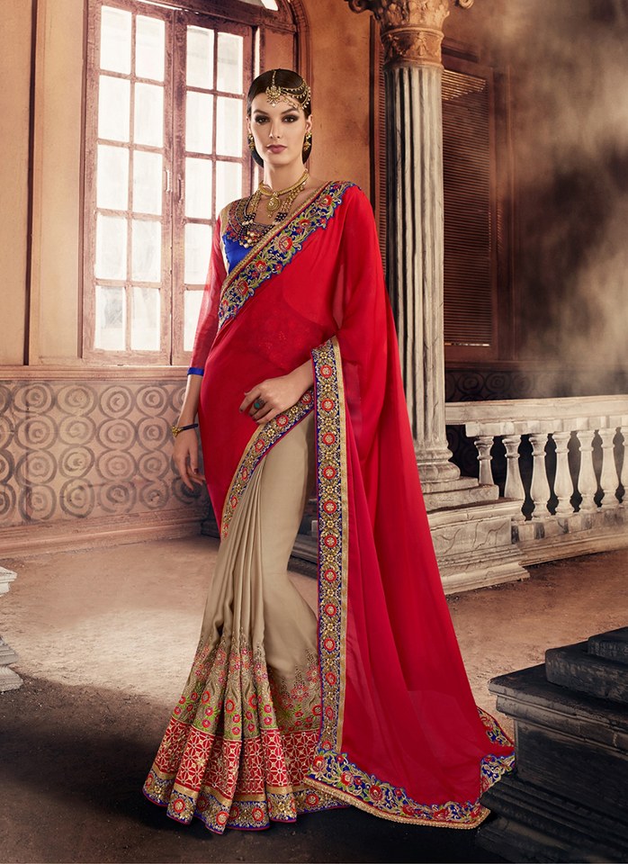 Mitali Red And Beige Colored Georgette Saree