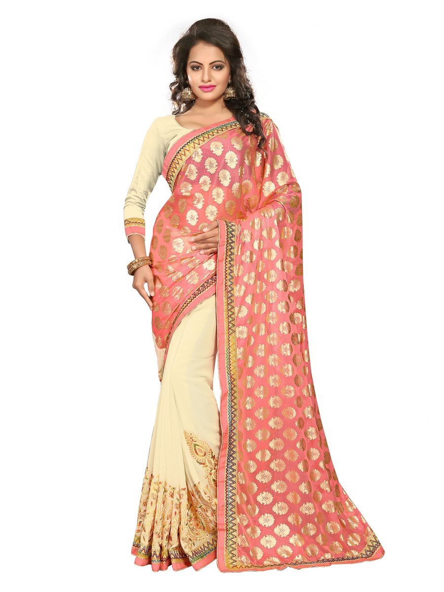 Pratiksha Pink And Beige Colored Lycra And Georgette Saree