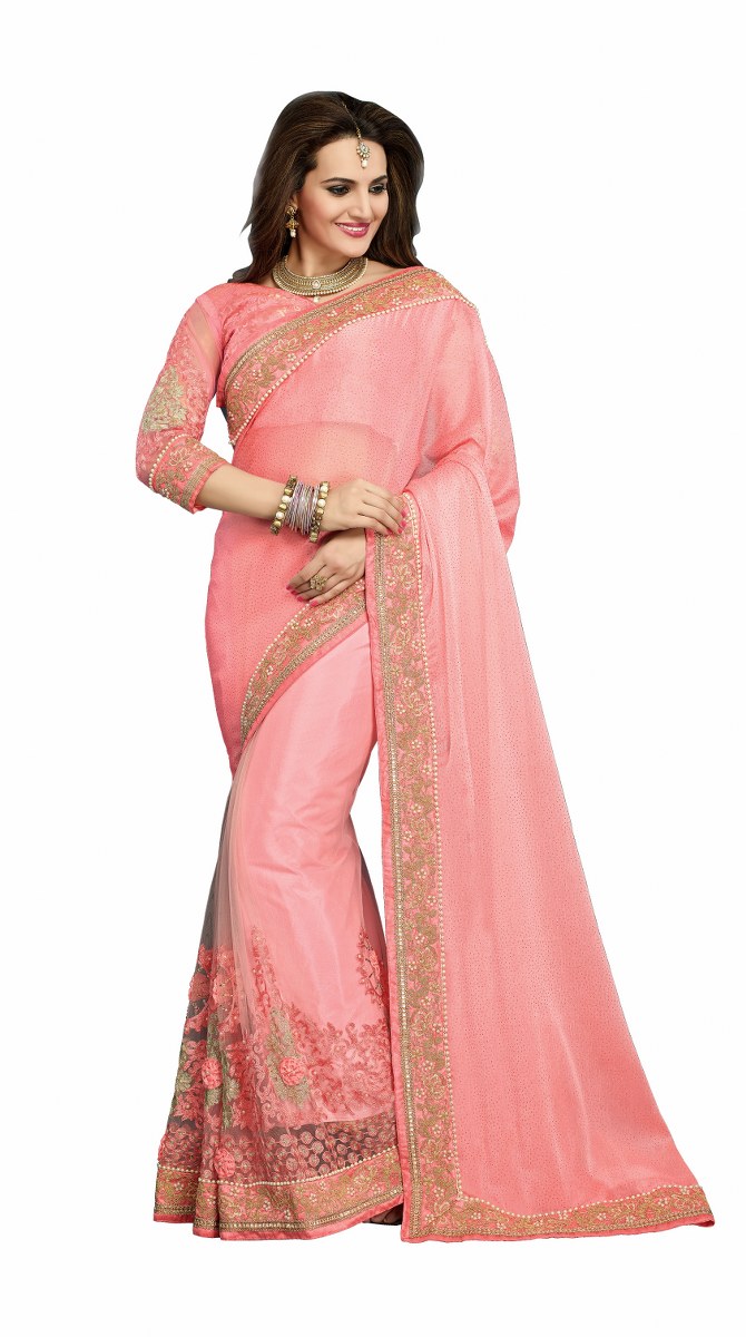 Rudra Pink Colored Bemberg Chiffon   Net Saree