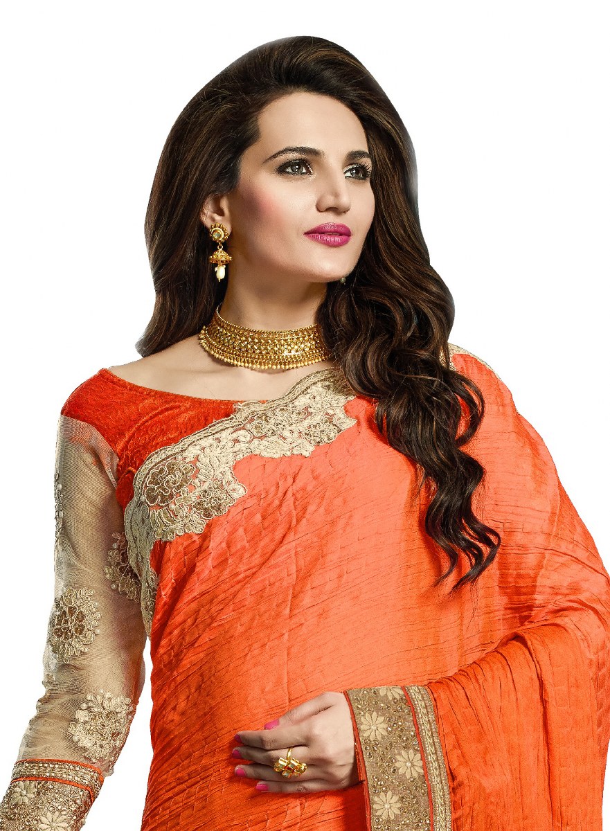 Rudra Orange   Beige Colored Crush   Net Saree 