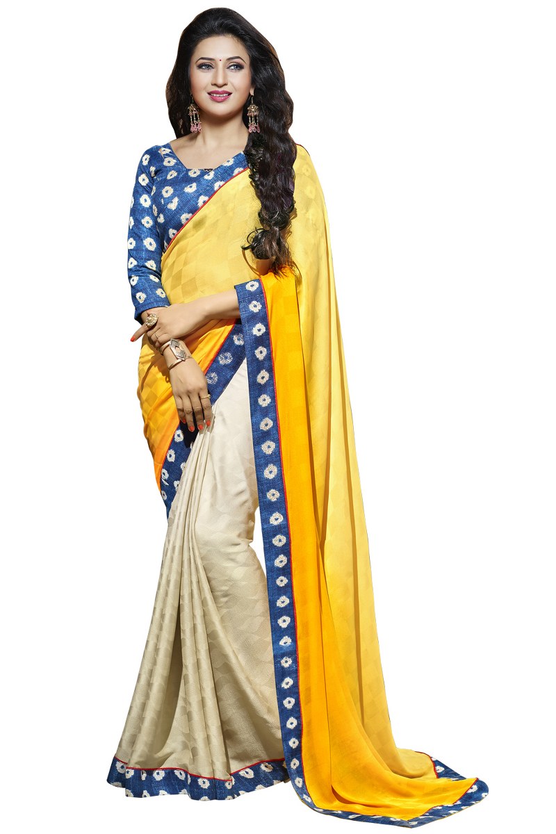 Georgette Yellow   Beige  Saree with Art Silk Blouse