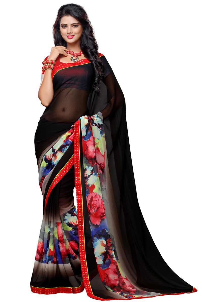 Georgette Black  Saree with Blouse Piece