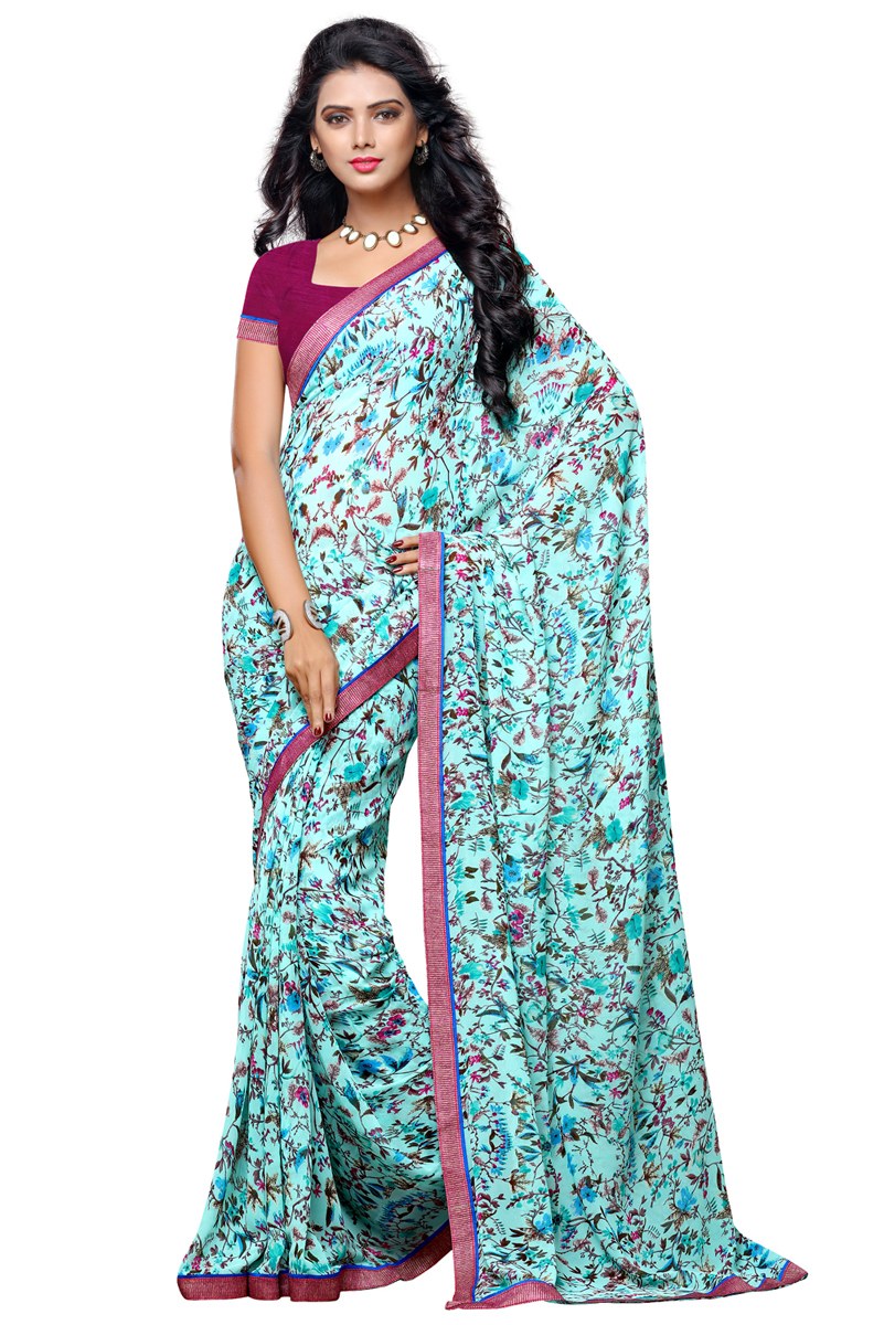 Georgette Sky Blue  Saree with Blouse Piece