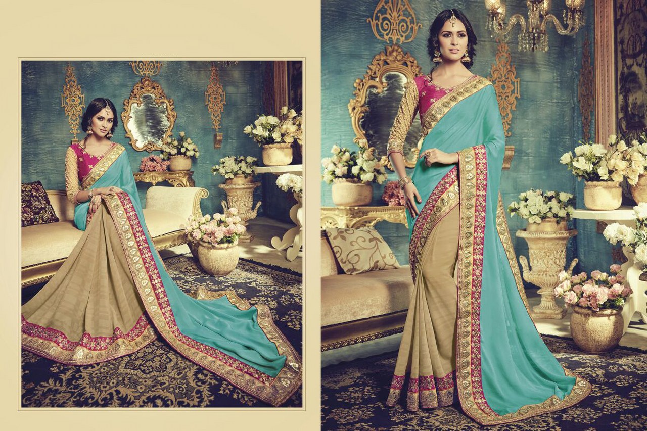 Sangini Vol-3 Turquoise And Cream Georgette Party Wear Sarees