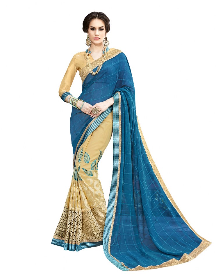 Trendz Vol-2 Teal Blue And Beige Chiffon And Georgette Party Wear Sarees