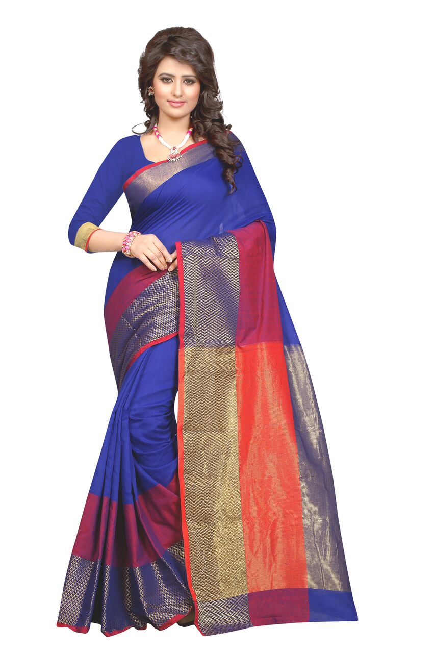 Shree_Impex_Blue_Printed_Poly_Cotton_Saree_with_Blouse