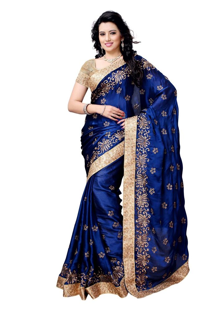 Shree Impex Navy Blue Embroidered Satin Saree with Blouse