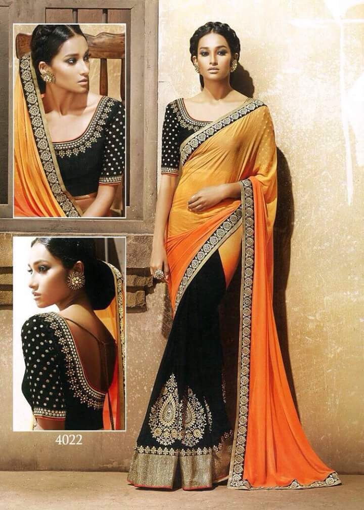 Shree Impex Orange and Black Embroidered Georgette Saree with Blouse